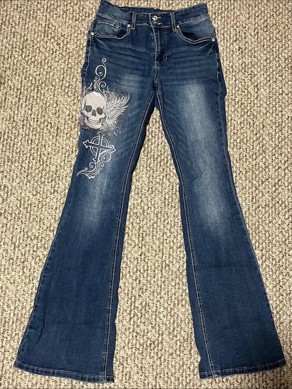 Hot Topic Dark Blue Flare Jeans with Skull Wing Graphic